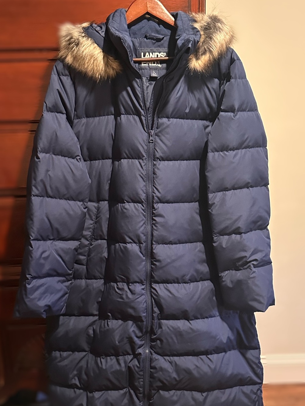 Lands' End Navy Puffer Jacket with Faux Fur Trim Hood